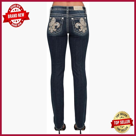 Mid-Rise Straight Leg Jeans with Leather Fleur de Lis Embellishment